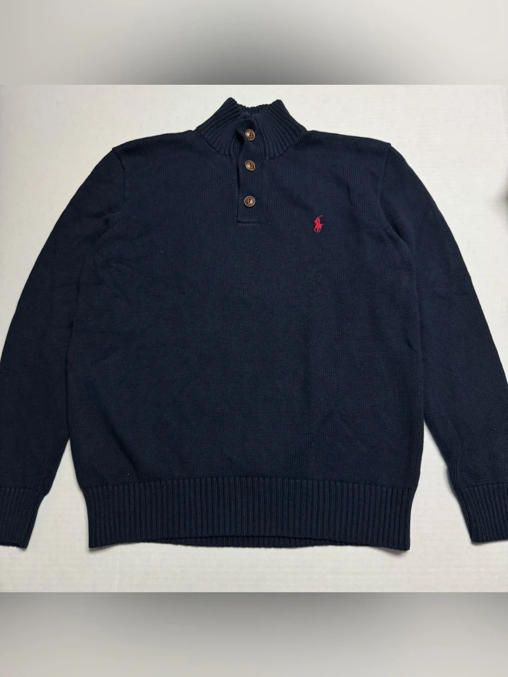 Polo Ralph Lauren Men’s 3 Button Placket Mock Neck Sweater In Hunter Navy Size:M